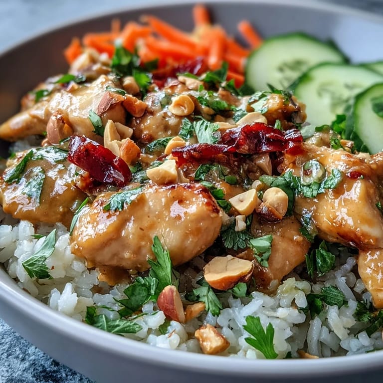 Thai Peanut Chicken Bowl garnished with cilantro and peanuts, a colorful, saucy meal ready for serving.
