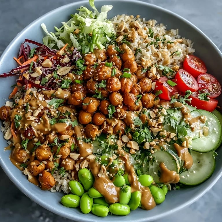 Close-up of the Peanut Chickpea Protein Bowl showing vibrant shredded cabbage, carrots, and edamame over brown rice, finished with chopped peanuts.