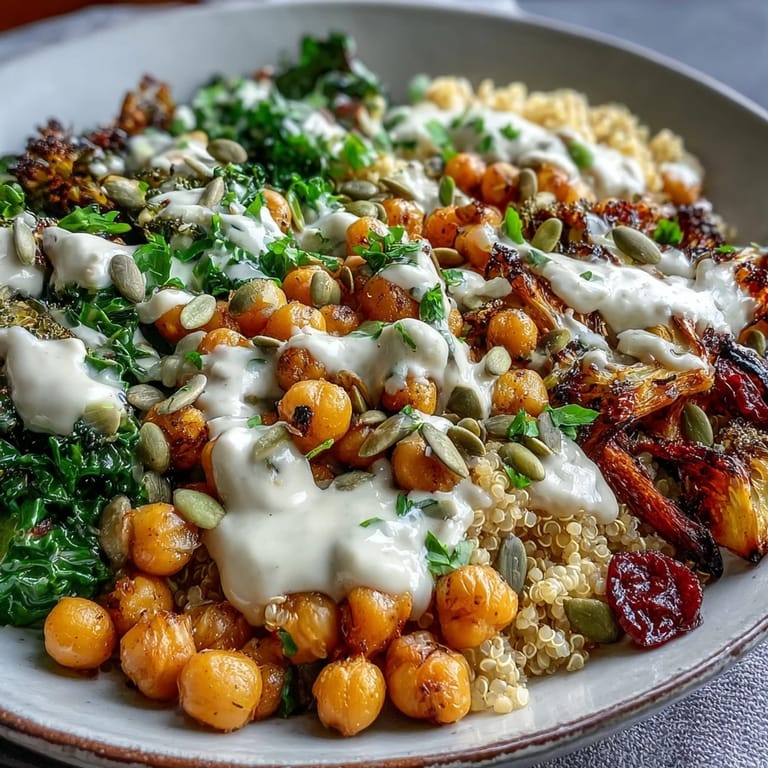 Close-up photo of a Chickpea Power Bowl featuring crispy chickpeas, quinoa, and a generous drizzle of creamy tahini sauce.