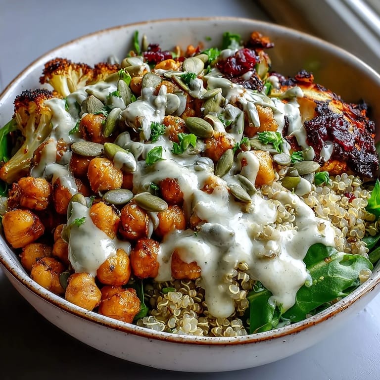 Vibrant Chickpea Power Bowl served for lunch, topped with fresh herbs, cherry tomatoes, and toasted pumpkin seeds.