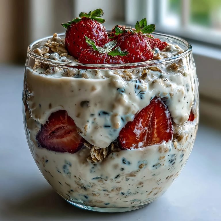 Healthy Easy Overnight Oats with Strawberry and Chia, featuring a colorful mix of berries, chia, and a sprinkle of coconut for added texture.