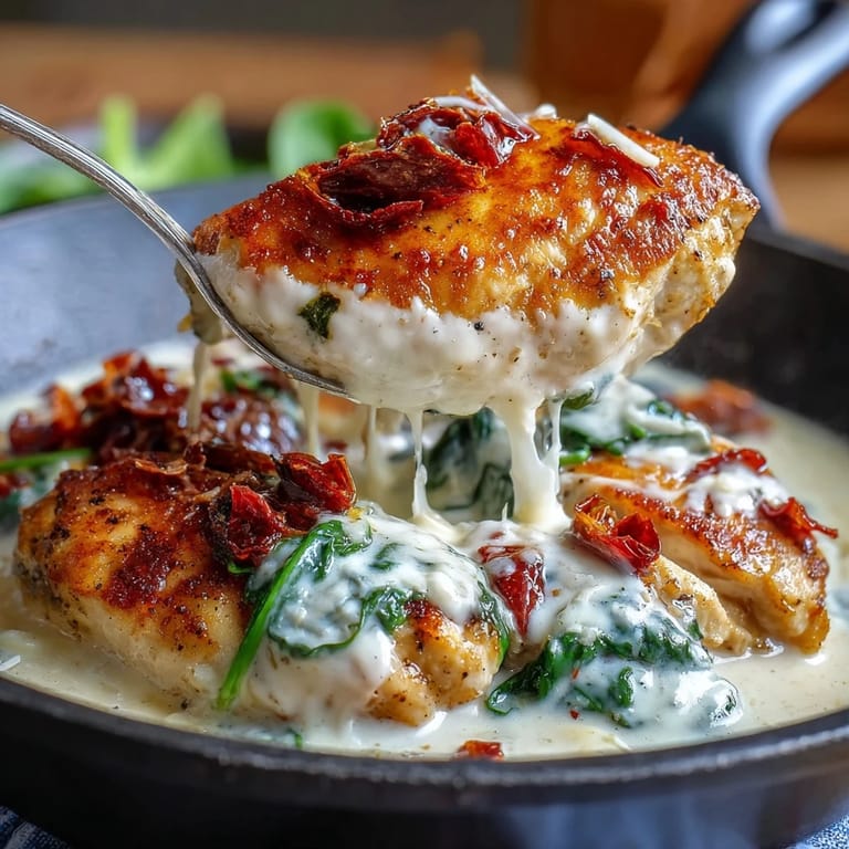 Creamy Tuscan Chicken Skillet featuring tender chicken breasts in a velvety Parmesan cream sauce