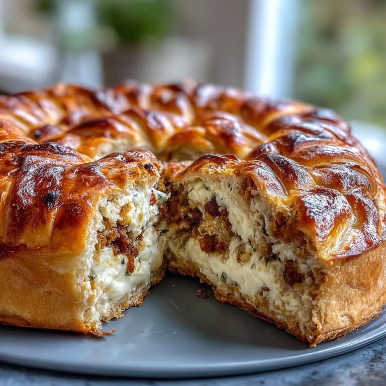 Savory Italian Easter Pie with Ricotta and Salami, a traditional Easter dish with a flaky crust, creamy ricotta, and diced salami, sliced and ready to serve.