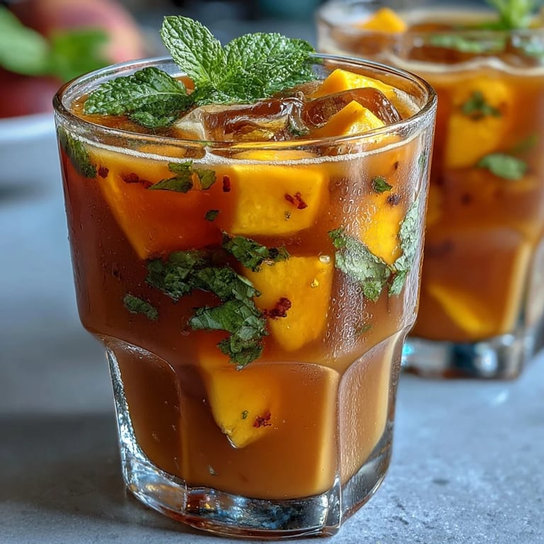 Vibrant Mango Peach Iced Tea with Mint, a cold, fruity beverage with tropical flavors and a cooling herbal finish.