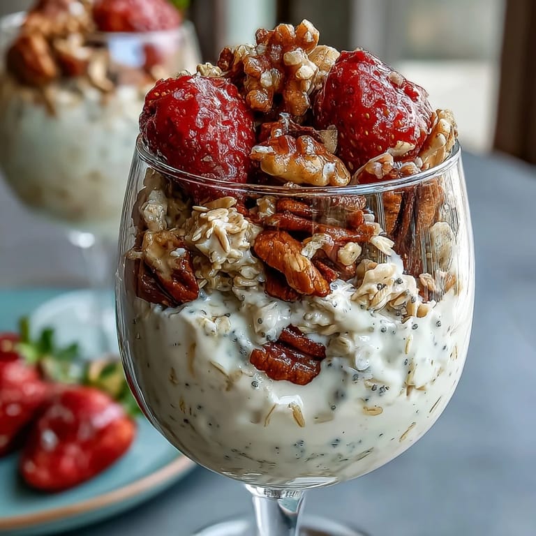 Strawberry chia overnight oats topped with granola and juicy berries, a perfect healthy breakfast ready in minutes.