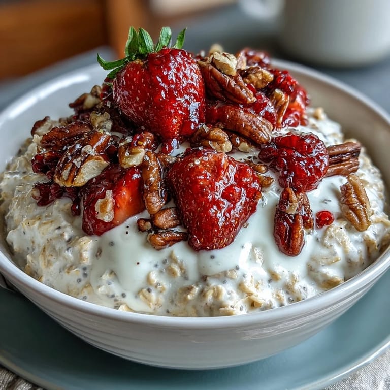 Layers of strawberries, chia overnight oats, and granola in a jar for a vibrant, nutritious morning meal.