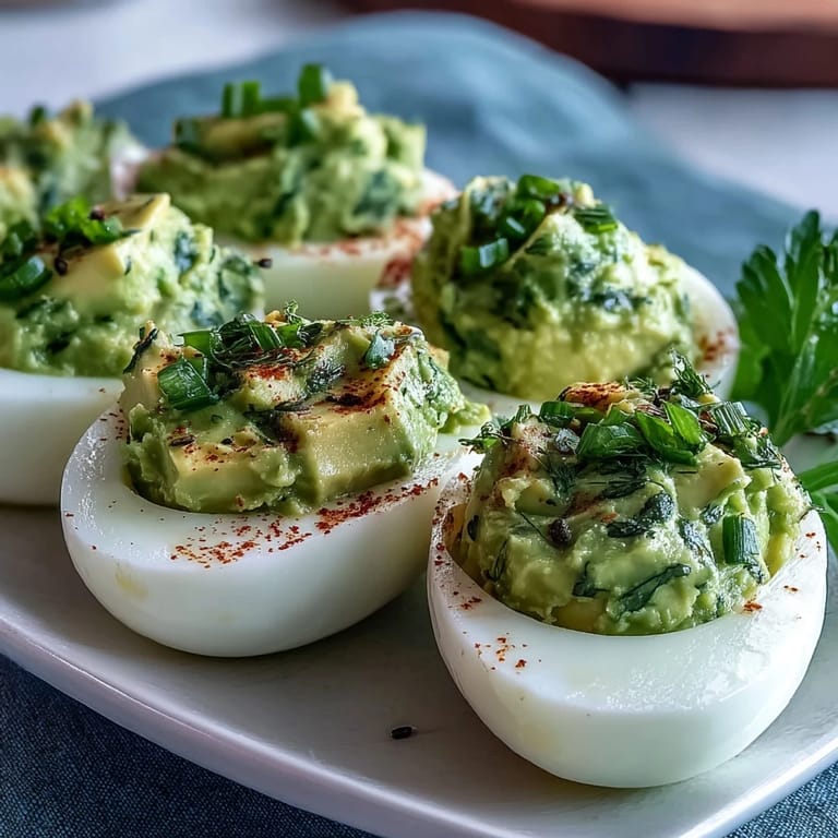 Creamy avocado filling piped into classic egg whites, garnished with chives and dill for a fresh, colorful appetizer.
