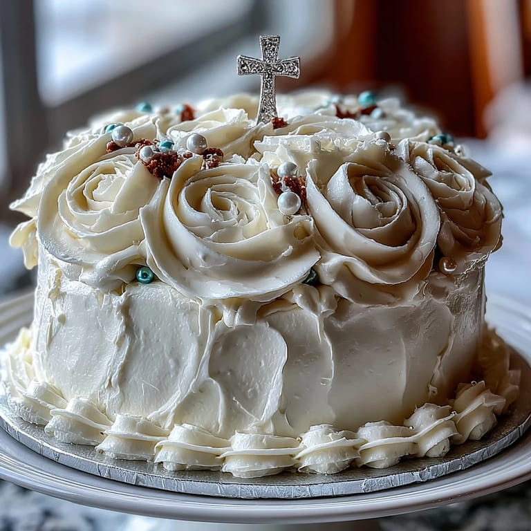 Classic First Communion dessert featuring tender vanilla layers, smooth buttercream, and intricate white rose fondant decorations.