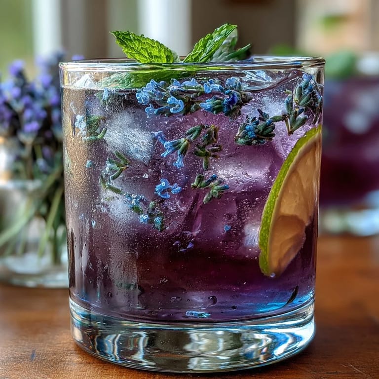 A glass of lavender lemonade with ice, mint leaves, and a lemon slice on the rim, perfect for a hot day.
