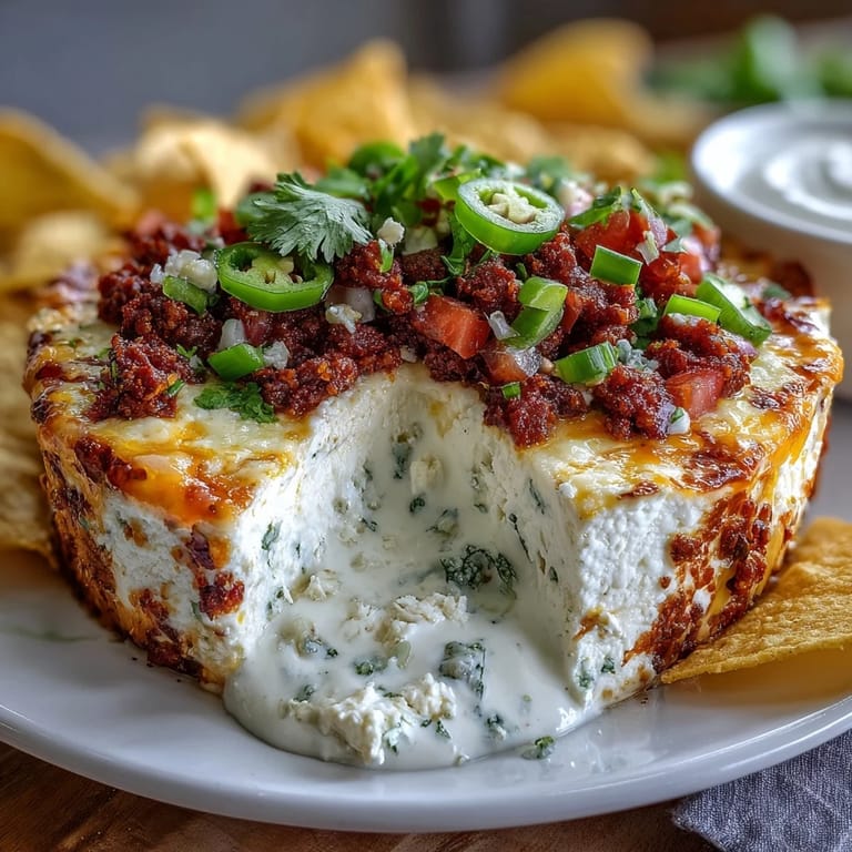 Creamy cheese dip topped with savory Mexican chorizo, vibrant pico de gallo, and jalapeños, served with crunchy tortilla chips.