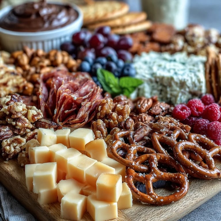 Colorful array of cheese, meats, fruits, and sweets artfully arranged on a large platter, ideal for festive gatherings and easy entertaining.