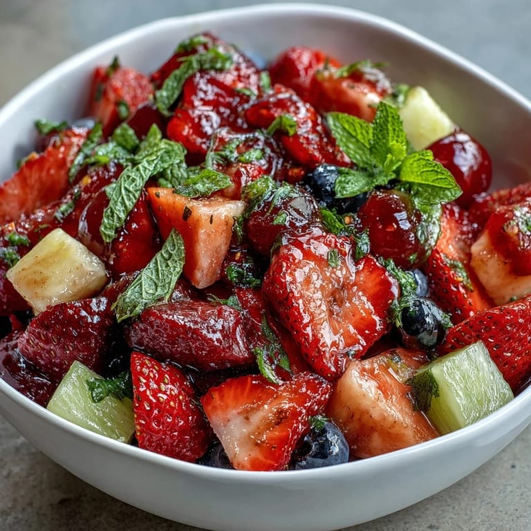 Refreshing strawberry lemonade fruit salad featuring fresh strawberries, grapes, and watermelon tossed in a sweet lemon-honey glaze.
