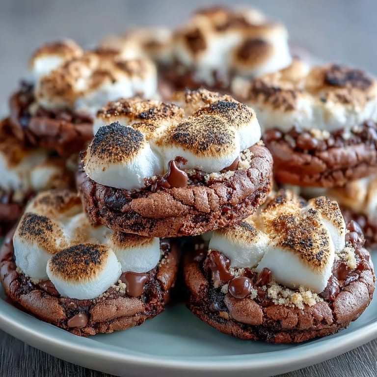 Rich smores brownie cookies loaded with chocolate and graham cracker pieces, finished with a gooey toasted marshmallow top.