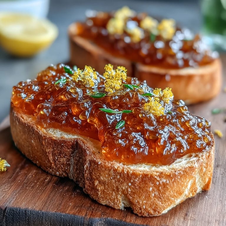 Golden dandelion jelly infused with fresh lemon and honey, offering a floral, sweet-tart preserve for breakfast or gifts.