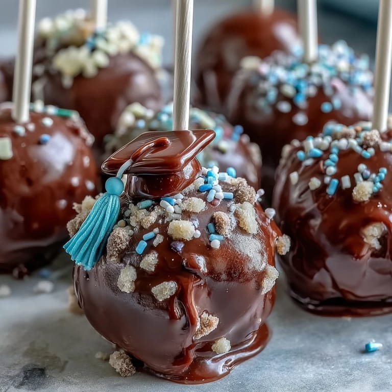 Colorful graduation cake pops, featuring school color themes and fondant graduation cap toppers.
