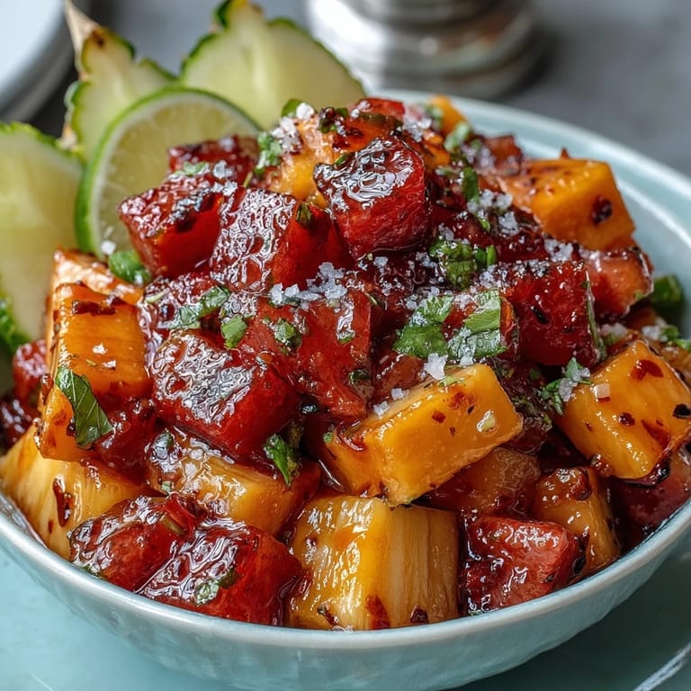 Tropical mango chunks paired with pineapple and watermelon, lightly spiced with chili and lime for a refreshing, zesty snack.