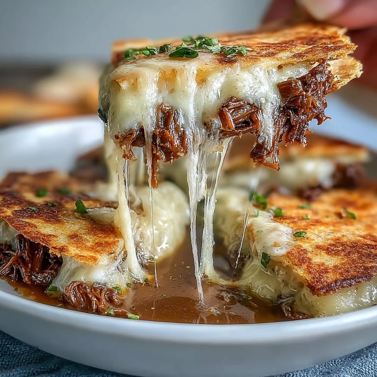 Melted cheese and juicy birria beef fill golden quesadillas, paired with warm consommé for a festive Mexican meal.  