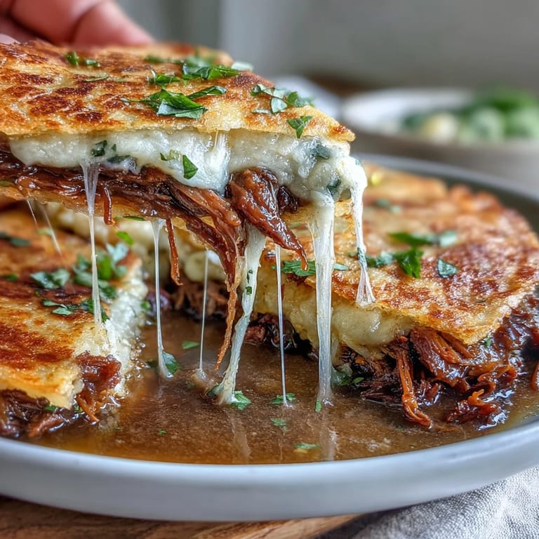 Cheesy beef birria quesadillas with crispy edges, served alongside savory consommé for dipping, perfect for Cinco de Mayo celebrations.