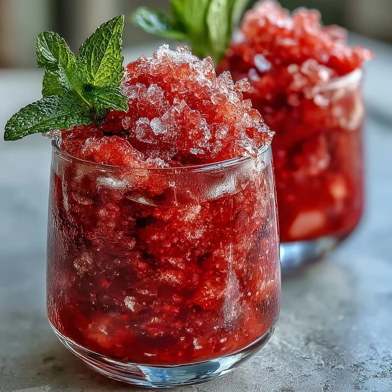 Vibrant red frozen strawberry lemonade slushie topped with mint leaves, served in clear glasses with a lemon wedge.