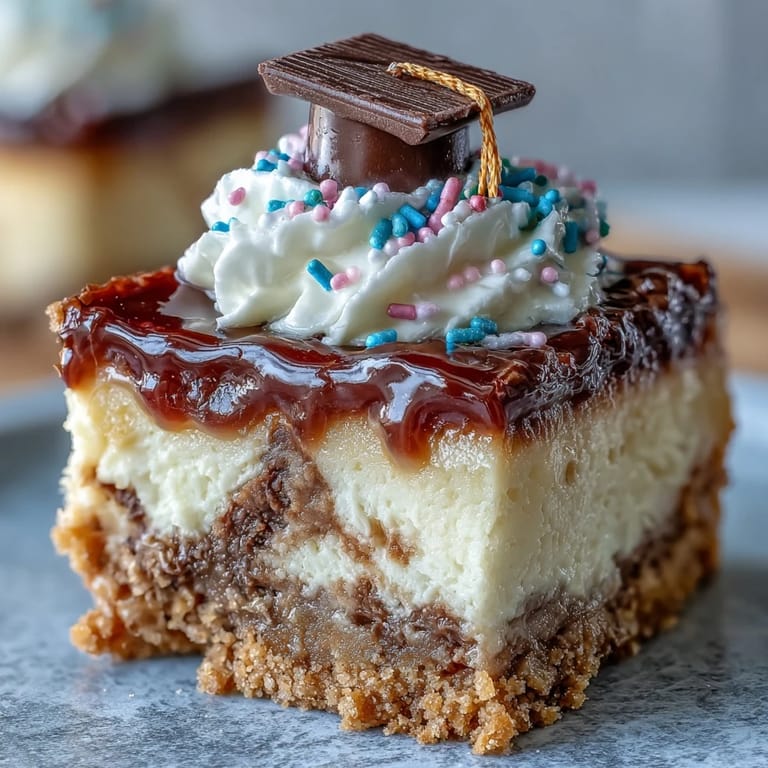 Miniature creamy cheesecake bites with a golden graham cracker crust, garnished with fresh berries and mini chocolate graduation caps.