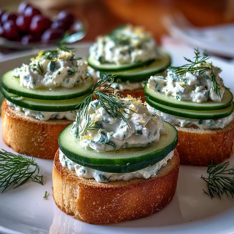 Delicate bite-sized Benedictine Cucumber Canapés featuring smooth Kentucky-style spread, garnished with dill and served on thin bread rounds.