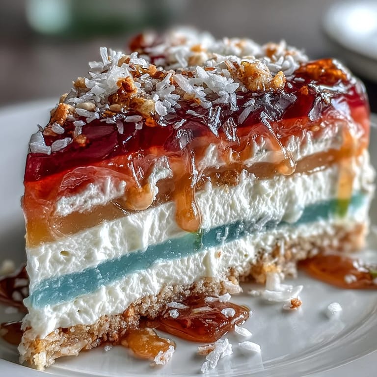 Chilled Agar-Agar Rainbow Jelly Cake with smooth coconut cream, perfect for parties.