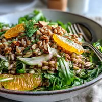 Golden toasted almonds and vibrant orange segments sit atop nutty farro, with crisp fennel and arugula in a bright citrus vinaigrette.
