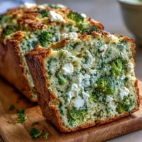 A freshly baked Broccoli and Feta Loaf showcasing golden crust, green broccoli florets, and crumbles of feta cheese.