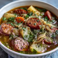 Steamy bowl of Sausage, Potato and Cabbage Soup garnished with fresh parsley and a dollop of sour cream. 