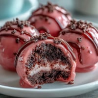 Freshly dipped Oreo Truffle Balls with a glossy pink candy coating, served chilled on a white plate.