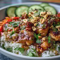 Thai Peanut Chicken Bowl with tender chicken, coconut rice, and vibrant veggies, drizzled with spicy peanut sauce.