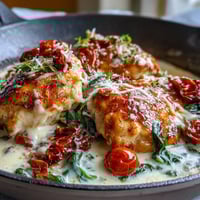 Creamy Tuscan Chicken Skillet with golden seared chicken in rich garlic cream sauce