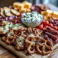 Game Day Baseball Snack Board with Pretzels and Dips featuring soft pretzel bites, beer cheese dip, and assorted cheeses for sharing.