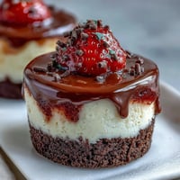 Indulgent chocolate cheesecake cups with fresh strawberry slices and glossy ganache topping.