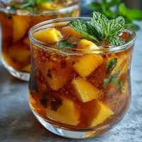 A tall glass of Mango Peach Iced Tea with Mint, garnished with fresh mint and peach slices, served over ice.  