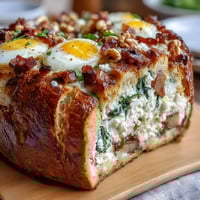 Festive Easter savory pie with ham, eggs, and spinach in flaky pastry crust.