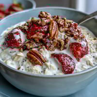 Creamy overnight oats with fresh strawberries, chia seeds, and crunchy granola for a wholesome, make-ahead breakfast.