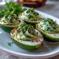 Vibrant green avocado deviled eggs with fresh herbs, perfect for spring gatherings and healthy snacking.