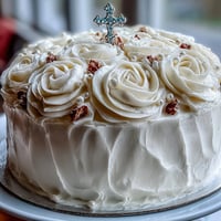 Elegant First Communion cake with white fondant roses and cross topper, perfect for a sacred celebration.