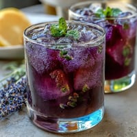 Iced lavender lemonade with fresh mint in a clear pitcher, garnished with lemon slices and mint sprigs.