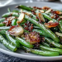 Roasted garlic green beans with tender texture and golden garlic slices for a savory side dish.
