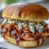 Pulled BBQ chicken sandwiches piled high on soft brioche buns with tangy coleslaw. Slow-cooked chicken in smoky barbecue sauce makes the perfect summer meal.