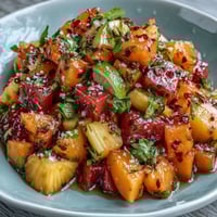 A vibrant mix of ripe mango, pineapple, and watermelon with zesty lime and chili seasoning in colorful fruit cups.