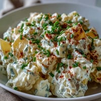Creamy Classic Deviled Egg Potato Salad with tender Yukon Gold potatoes and tangy mustard dressing, garnished with paprika and fresh chives.