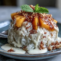 Creamy coconut sticky rice topped with ripe mango slices in individual dessert cups, garnished with toasted sesame seeds for a modern Thai-inspired treat.