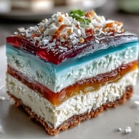 Vibrant Agar-Agar Rainbow Jelly Cake with creamy coconut topping, bright and festive.